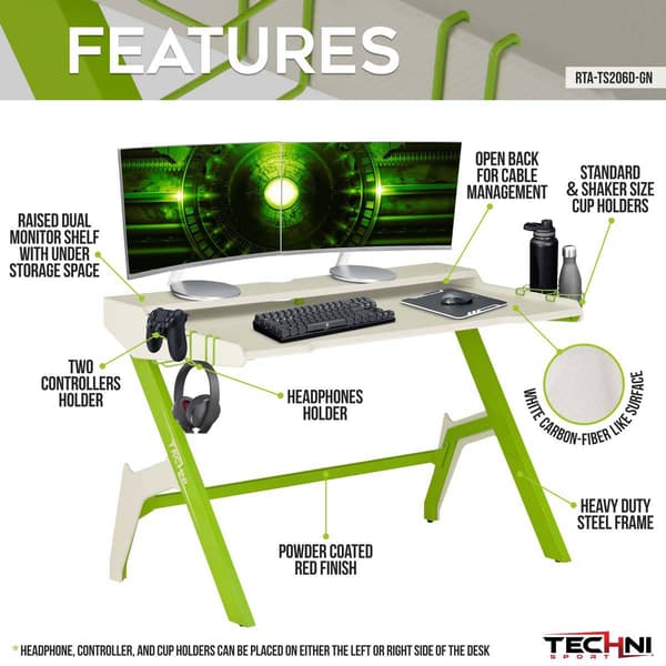 Techni Sport Ergonomic Computer Gaming Desk w/ Headphone Hook
