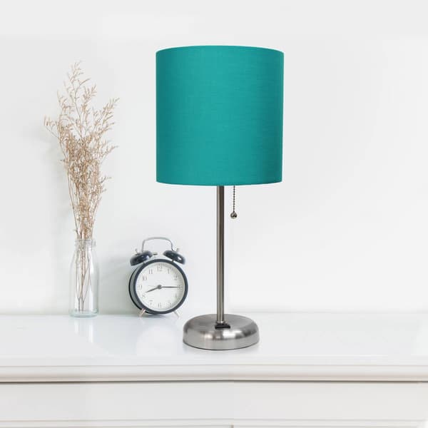 LimeLights Brush Steel Lamp w/Charging Outlet/Teal Shade-Set of 2
