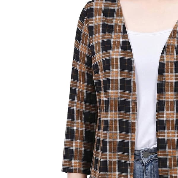 Womens NY Collection 3/4 Sleeve Plaid Hacci Cardigan