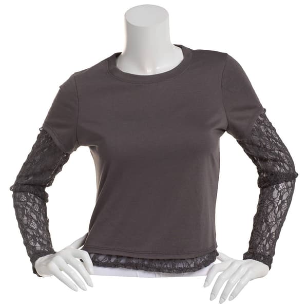 Juniors No Comment Layered Lace Sleeve Tee - image 