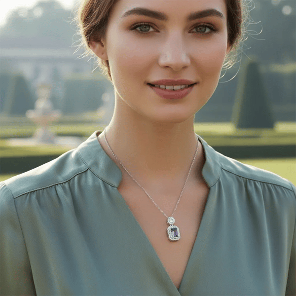 Saffron 1ctw. Violet Emerald Cut Diamond Halo Pendant Necklace
