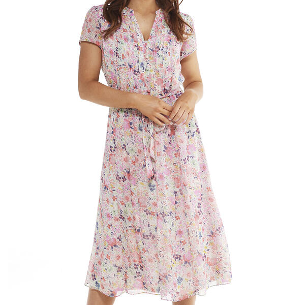 Womens MSK Short Sleeve Floral Pintuck Midi Dress