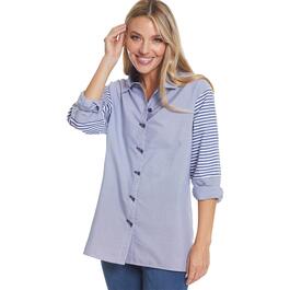 Petite Multiples Long Tab Sleeve Stripe Button Front Shirt