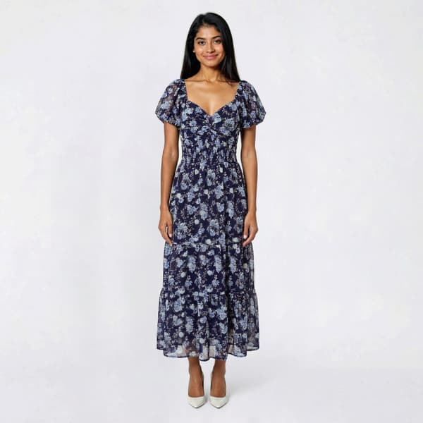 Juniors Trixxi Puff Sleeve Floral Twist Front Tier Midi Dress - image 
