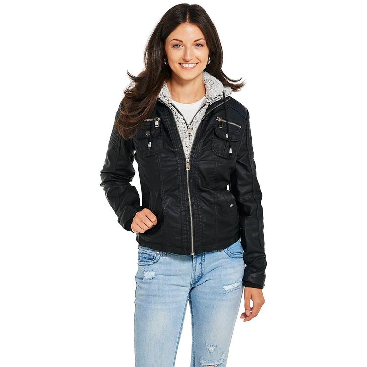 Juniors Snobbish 2Fer Faux Leather Jacket with Sherpa Hood