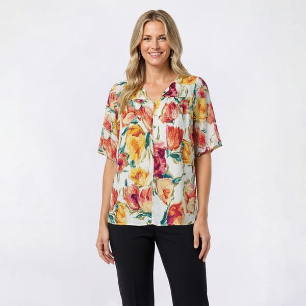 Womens Nicole Miller Elbow Sleeve Floral Keyhole Neck Blouse - image 
