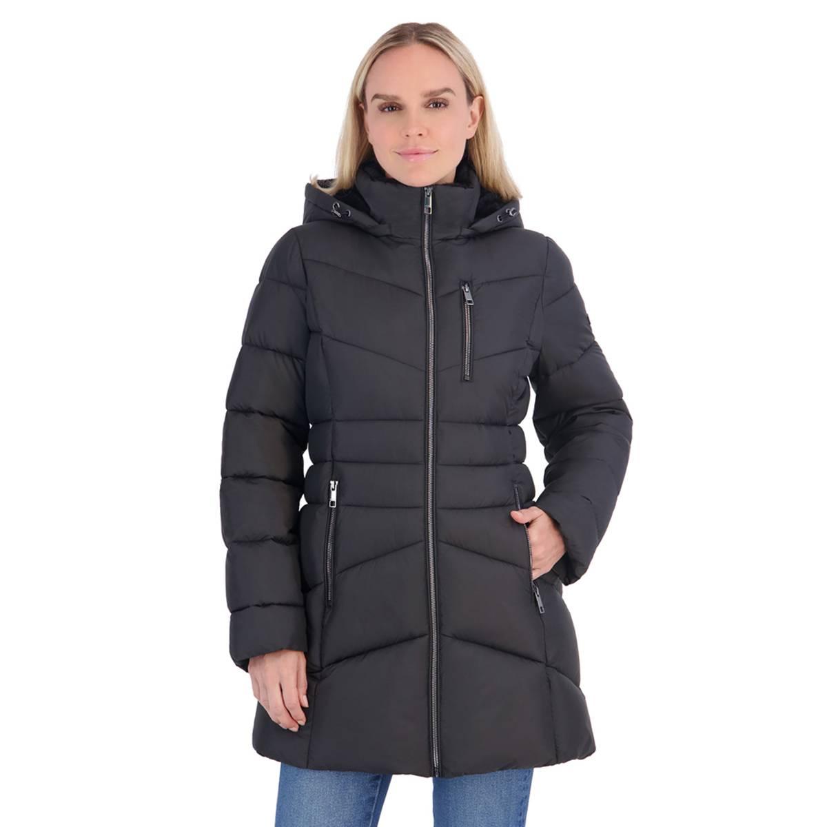 Womens Calvin Klein Long Puffer Coat with Chest Zipper