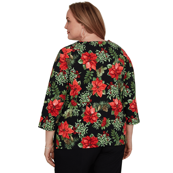 Plus Size Alfred Dunner Classics 3/4 Sleeve Poinsettia Blouse