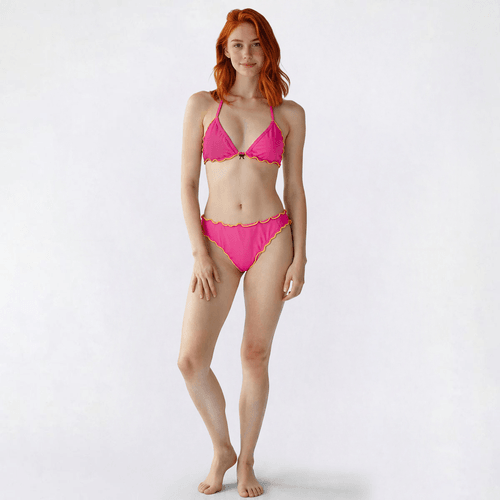 Juniors Mykonos Blue 2pc Lettuce Edge Bikini Contrast Edge Pink