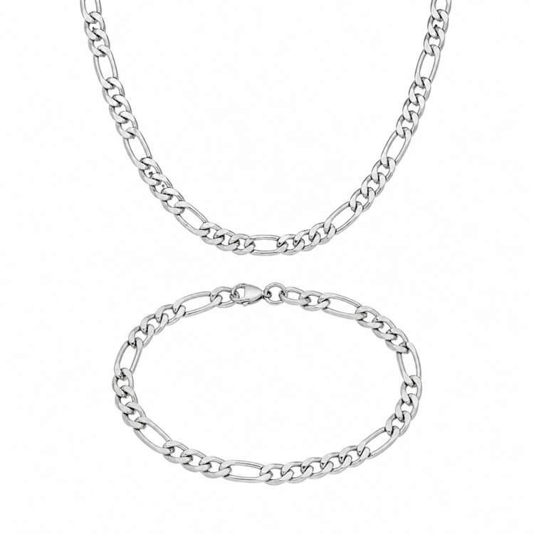 Mens Iron Saints 6mm Figaro Link Silver Necklace Bracelet Set