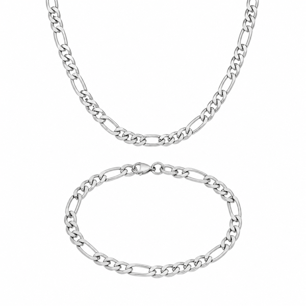 Mens Iron Saints 6mm Figaro Link Silver Necklace & Bracelet Set - image 