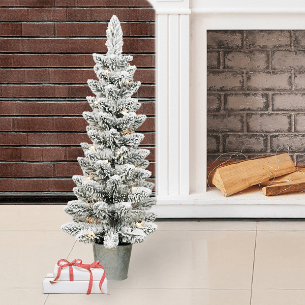 Santa''s Workshop 3ft. Pre-Lit Warm White Flocked Slim Potted Tree
