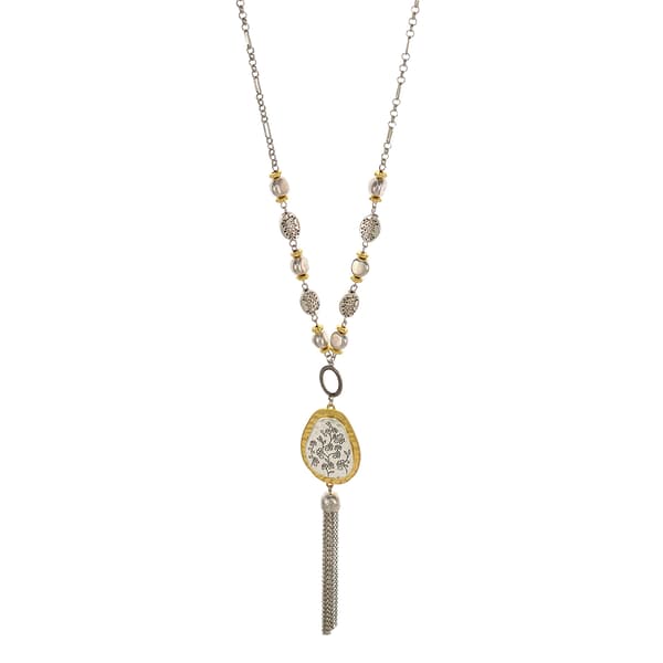 Ruby Rd. Two-Tone Long Etched Oval Chain Tassel Pendant Necklace - image 