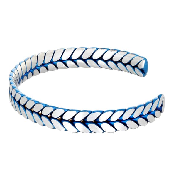 Mens Lynx Stainless Steel Blue Cuff Bangle Bracelet