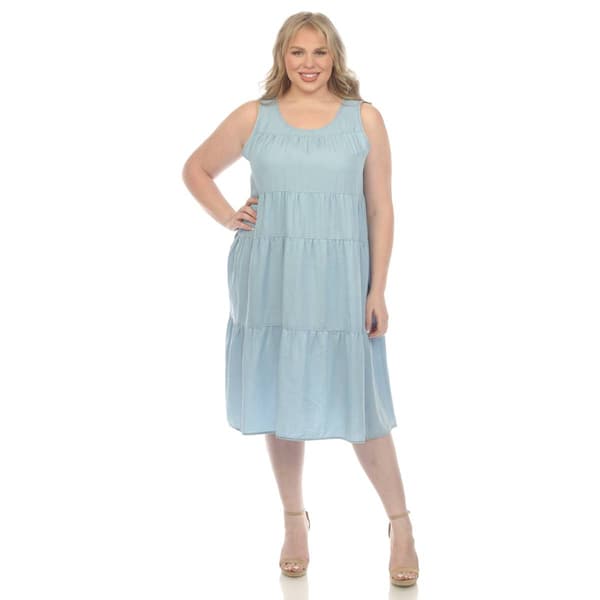 Plus Size White Mark Sleeveless Tiered Chambray Midi Dress