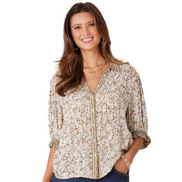 Womens Democracy Elbow Sleeve Picot Trim Button Front Print Top