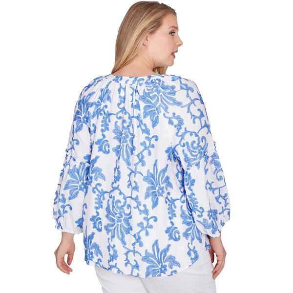 Plus Size Ruby Rd. Bali Blue 3/4 Sleeve Woven Luxe Voile Blouse
