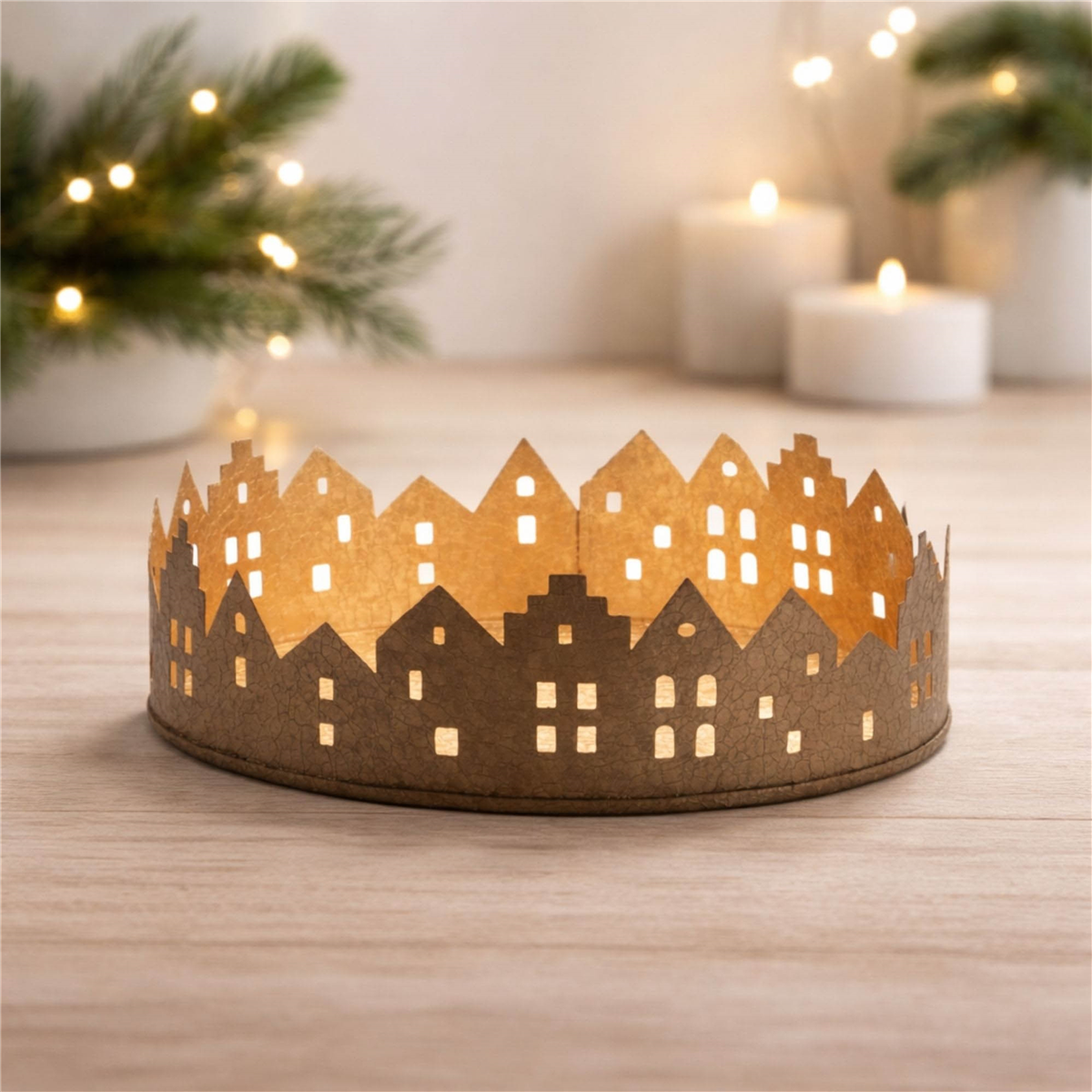 Melrose 9.75in. Cut Metal Village Candle Holder