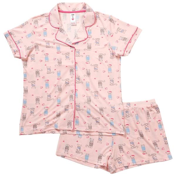 Juniors Sleep & Co. Short Sleeve Cats Shorty Pajama Set - image 
