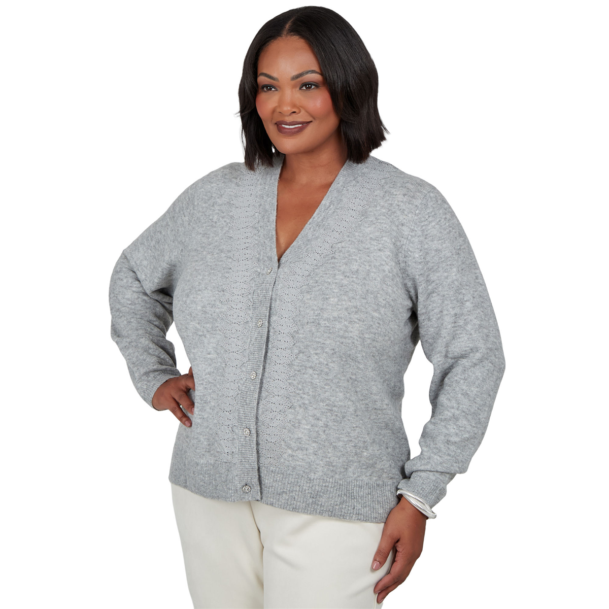 Plus Size Emaline Lavender Revelry V-Neck Lace Detail Cardigan