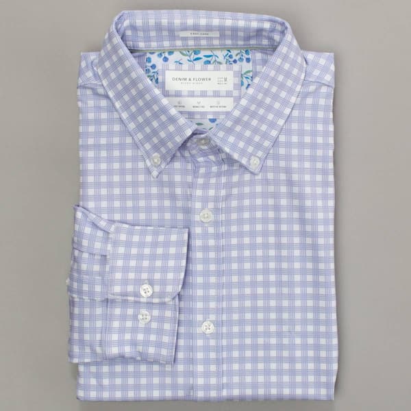 Mens Denim & Flower Checkered Dress Shirt - White/Grey - image 