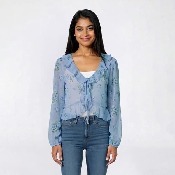 Juniors A. Byer Ruffle Front Embroidered Chiffon Fly Away Blouse - image 