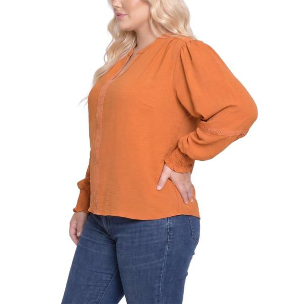 Plus Size NY Collection Long Smocked Sleeve Studded Detail Blouse