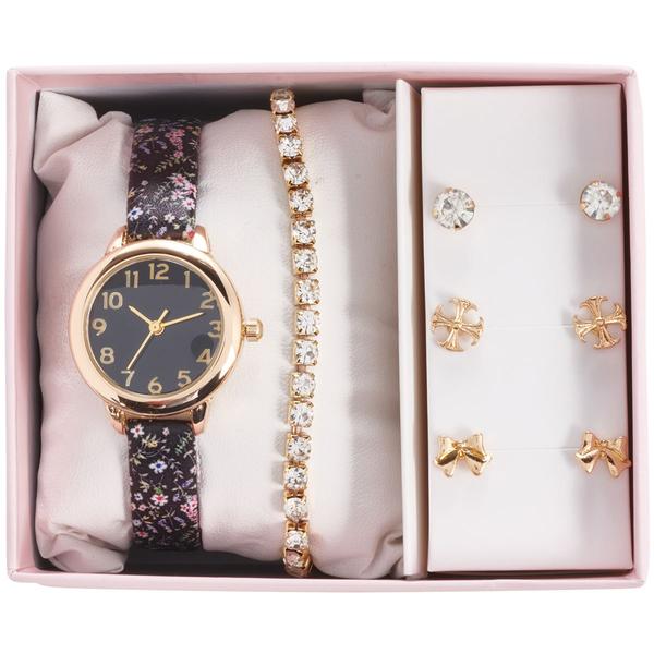 Floral Watch/Stone Stretch Bracelet/Earring Set - AWS408B - image 