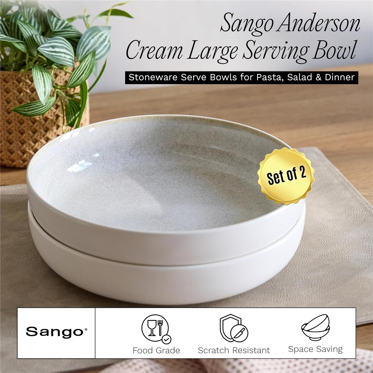 Sango Anderson Cream 10in. Large Ceramic Serving Bowl - Set of 2