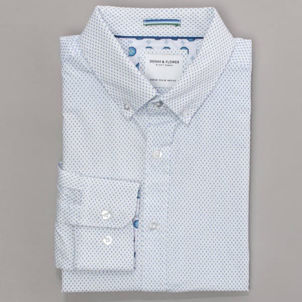 Mens Denim & Flower Long Sleeve Dress Shirt - White/Blue - image 
