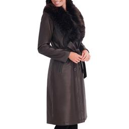 Womens Kenneth Cole® Faux Leather Trench Coat w/ Faux Fur Collar