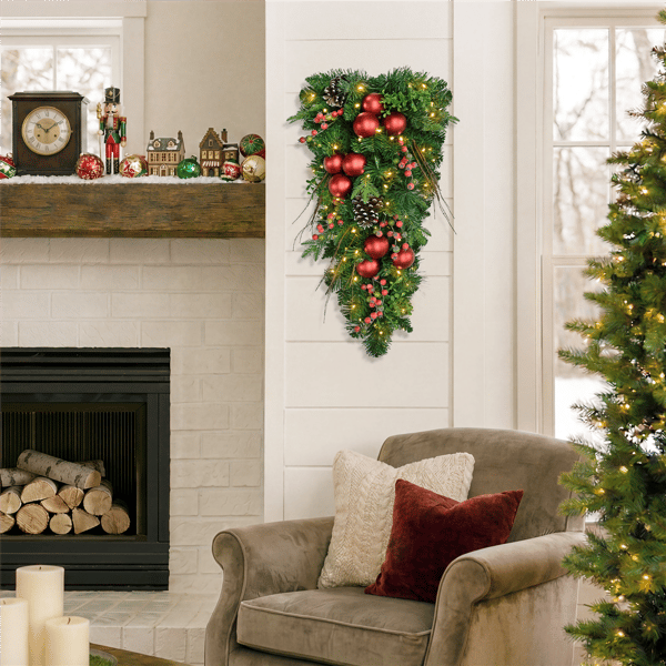 Puleo International LED Ornaments & Berries Adorned Teardrop Swag