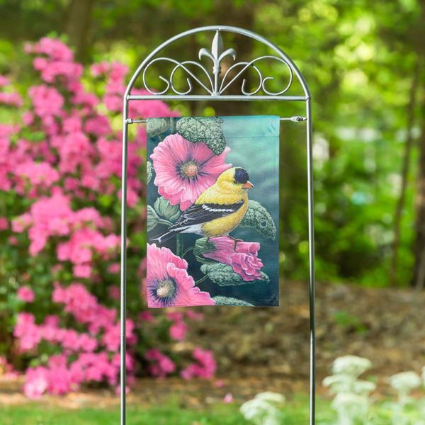 Evergreen Goldfinch on Hollyhocks Suede Garden Flag