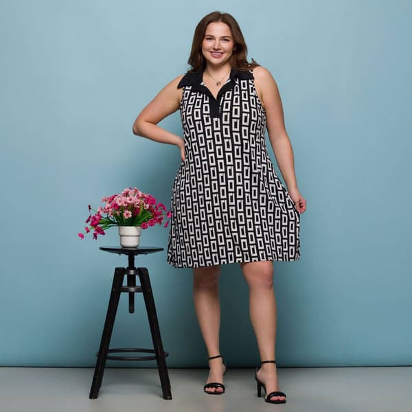 Plus Size 24/7 Comfort Apparel Black & White Collared Mini Dress
