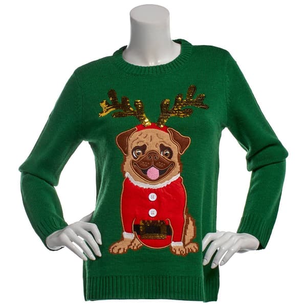Womens By Design Long Sleeve Crew Neck Reindeer Pug Sweater