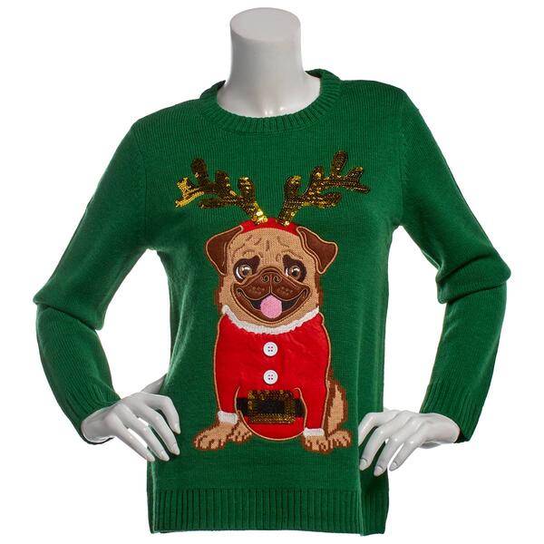 Womens By Design Long Sleeve Crew Neck Reindeer Pug Sweater - image 