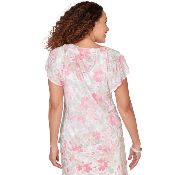 Petite Hearts of Palm Bloom Service Flutter Sleeve Floral Blouse