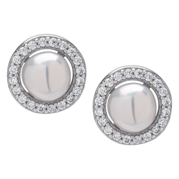 Sterling Silver Pearl Halo Stud Earrings - image 