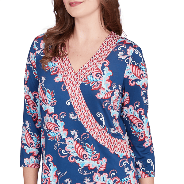 Womens Ruby Rd. Indigo Go Ikat Floral Surplice Neck Blouse