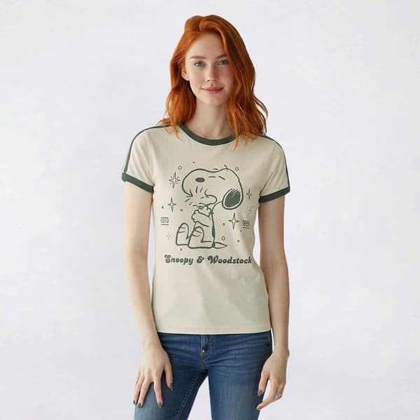 Juniors C-Life Snoopy Woodstock Ringer Baby Tee Stripe - image 