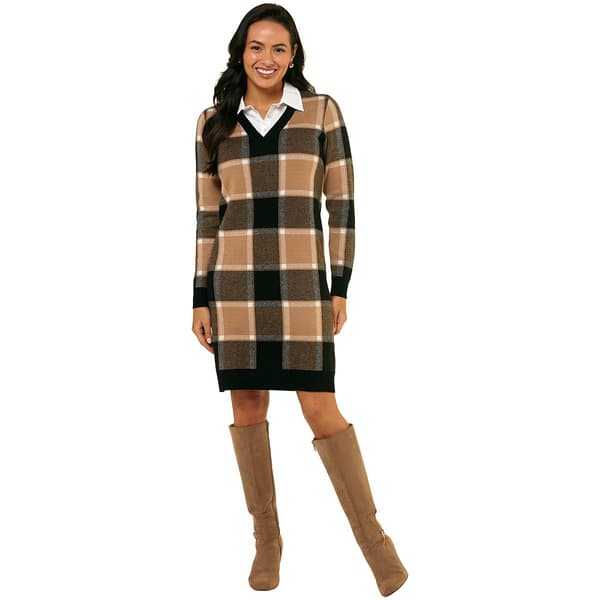 Womens Ninety Clothing Long Sleeve Plaid Sweater Dress - image 