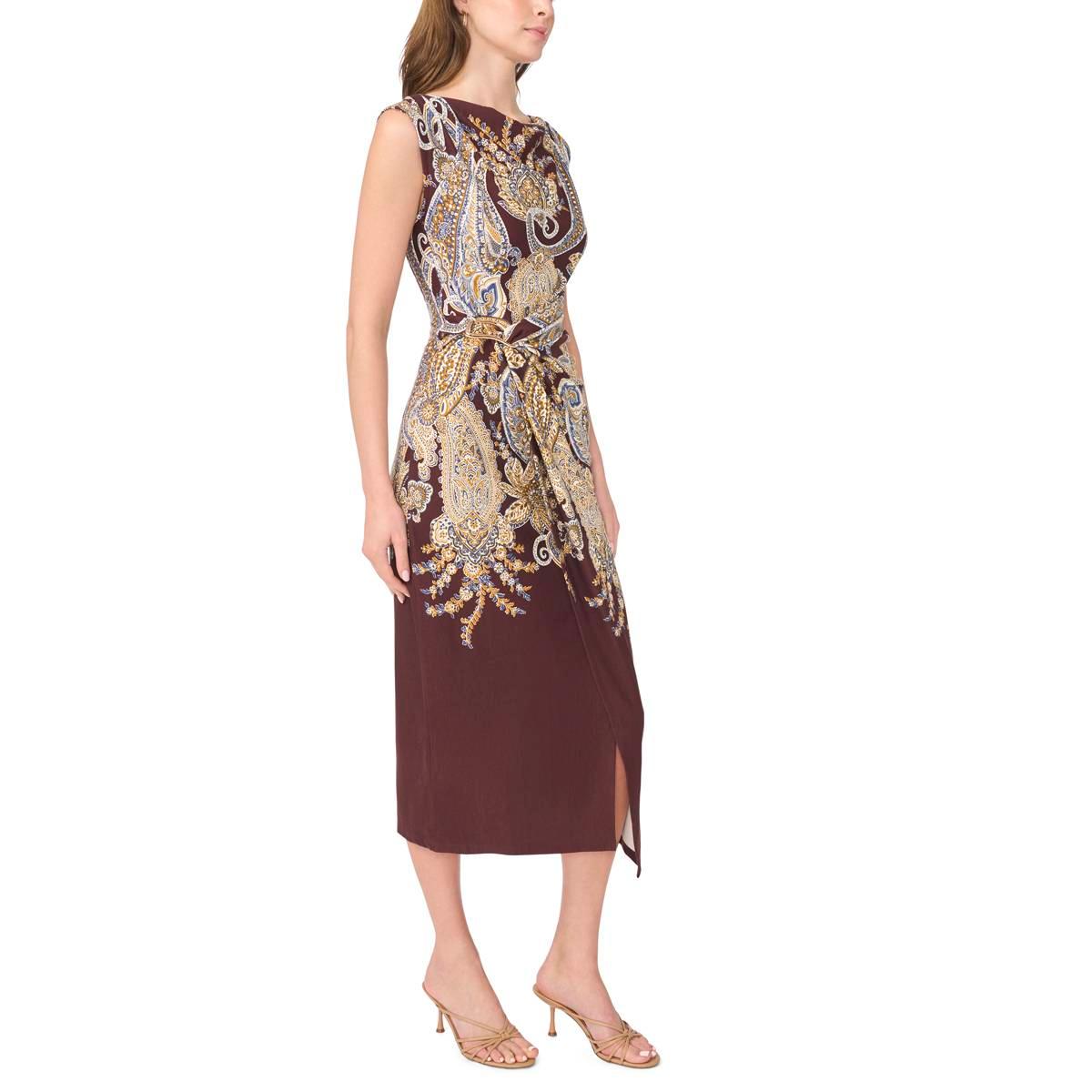 Womens MSK Sleeveless Ponte Side Paisley Sheath Midi Dress