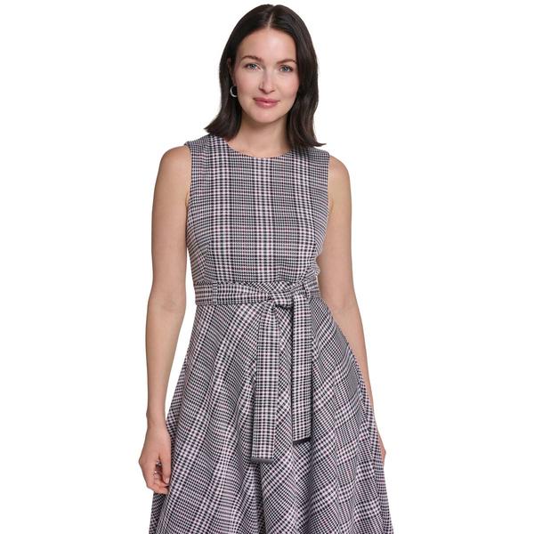 Womens Calvin Klein Sleeveless Plaid Belt Waist Midi Dress