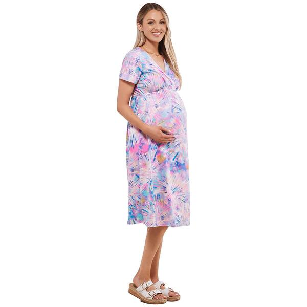 Womens Due Time Short Sleeve V-Neck Midi Maternity Dress -Tie Dye