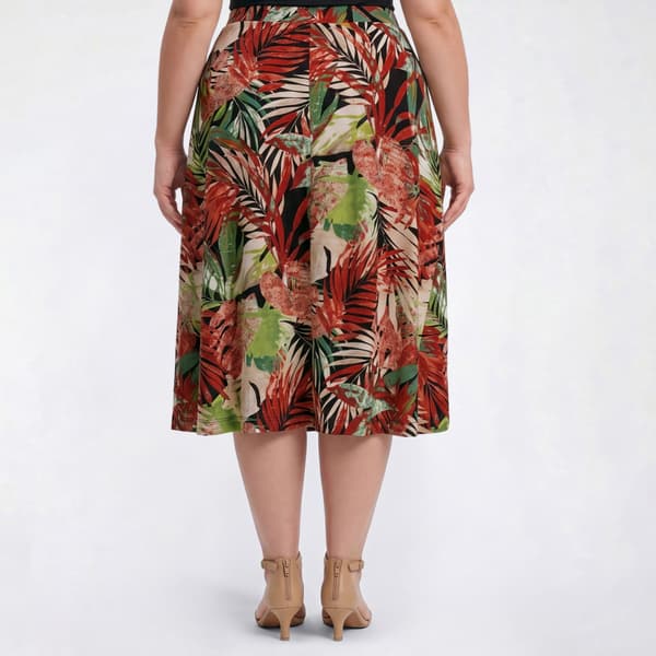 Plus Size Kasper Pull On Tropical Leaf Midi Skirt