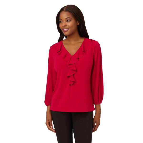 Womens Adrianna Papell 3/4 Sleeve Ruffle V-Neck Knit Blouse - image 