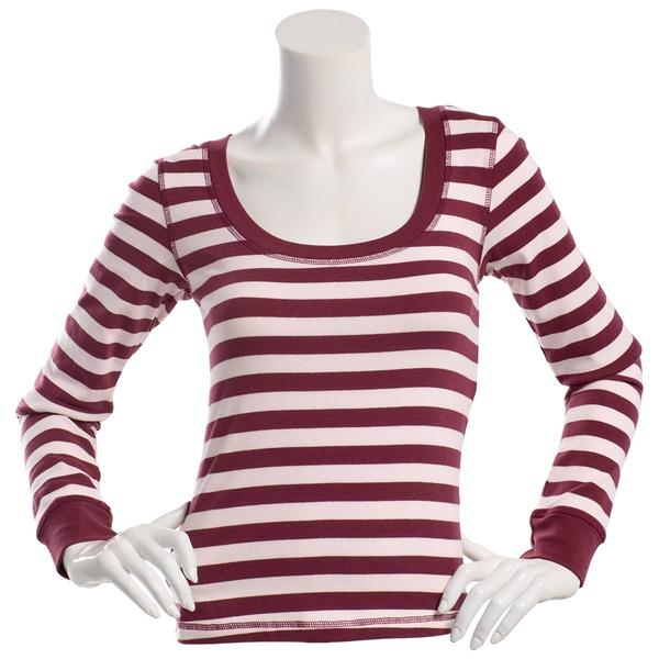 Juniors Pink Rose Long Sleeve Wide Stripe Deep Scoop Neck Top - image 