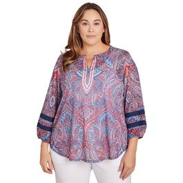 Plus Size Ruby Rd. Red White & New  3/4 Sleeve Knit Paisley Top