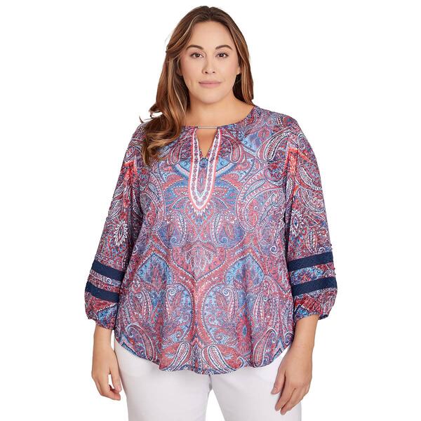 Plus Size Ruby Rd. Red White & New  3/4 Sleeve Knit Paisley Top - image 