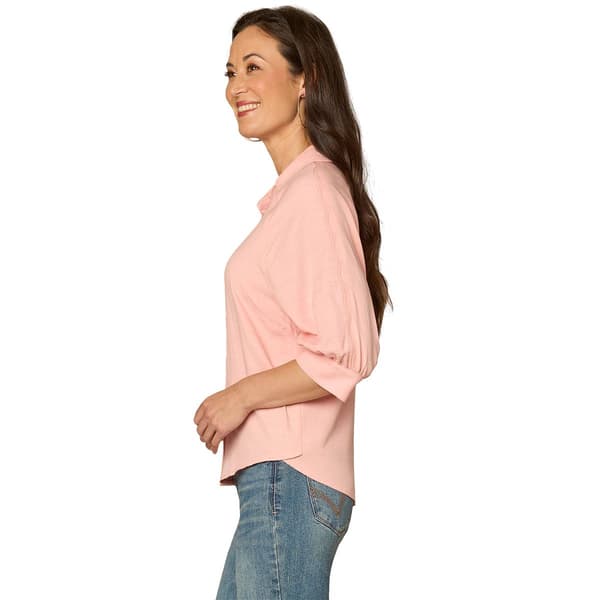 Plus Size Democracy Elbow Sleeve V Neck Snap Front Woven Blouse